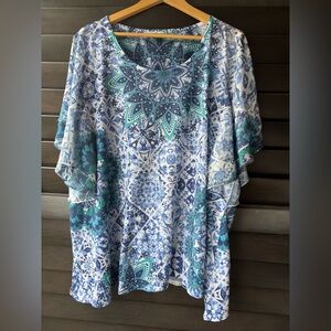Rebecca Malone 3x Blue Short Sleeve Embelleshed Blouse
